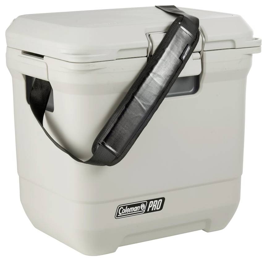 Beige Coleman Pro koelbox met zwarte schouderriem