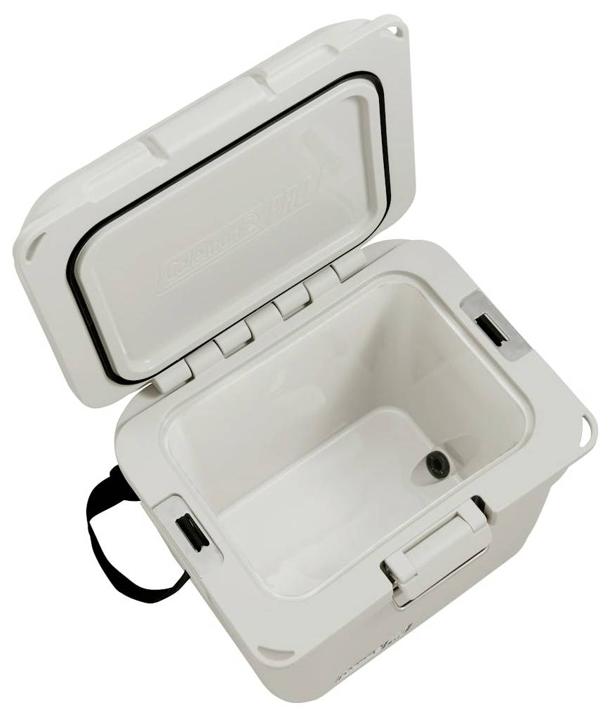 Open wit geïsoleerd koelbox met scharnierend deksel, leeg interieur en zwart draaghandvat, afgebeeld tegen een neutrale achtergrond.
