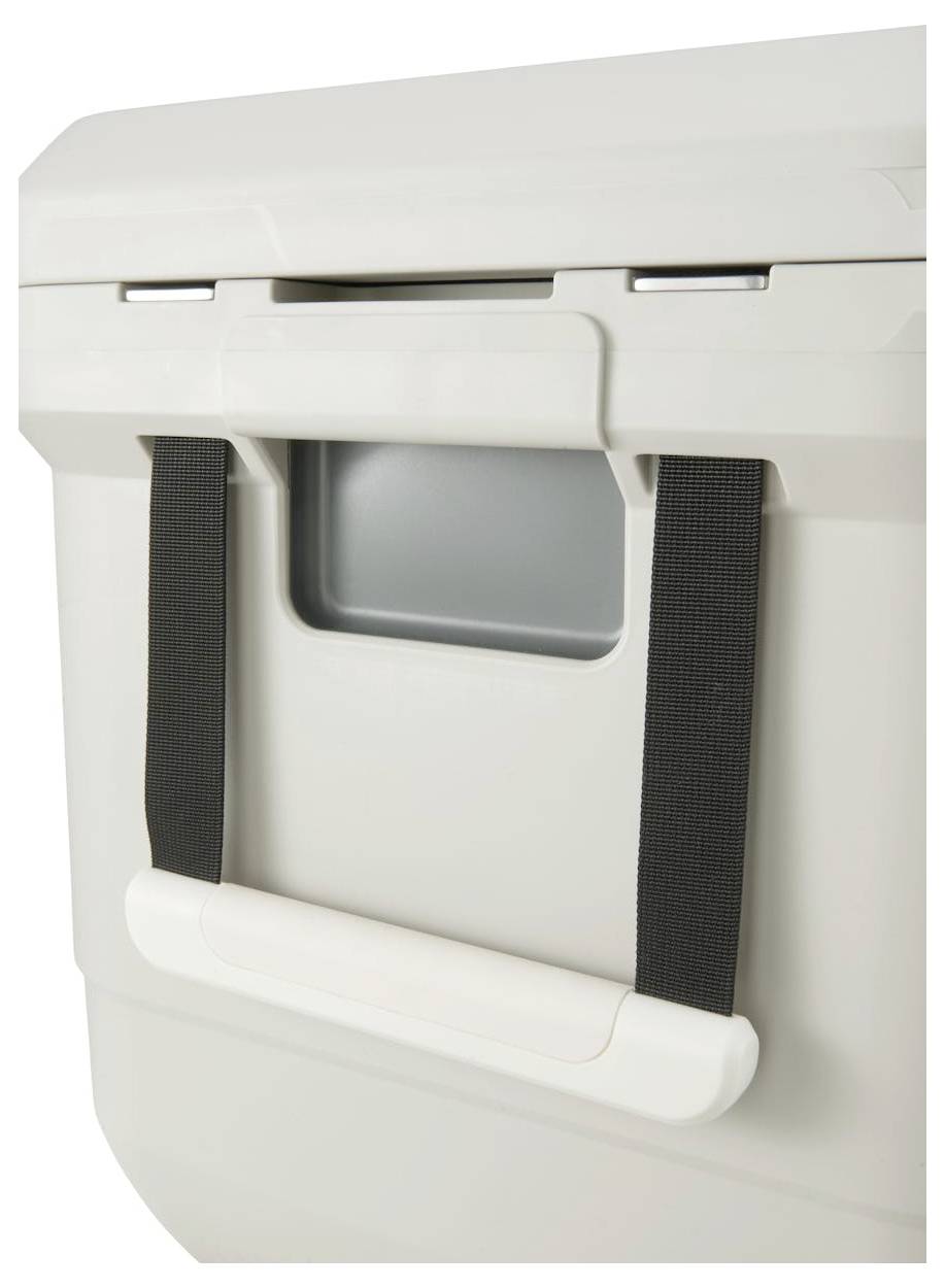 Witte koelbox of opbergkist met harde zijkanten, ingezonken handvat, zwarte riemen en een voorste steunbalk.