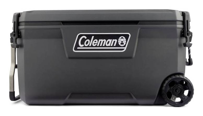 Zwarte Coleman wiellkoelbox met zijhandvaten en een voorlogo, weergegeven op een witte achtergrond.