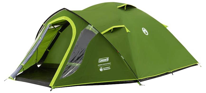 Groene Coleman koepel campingtent met zwarte biezen en voordeur, weergegeven op een witte achtergrond.