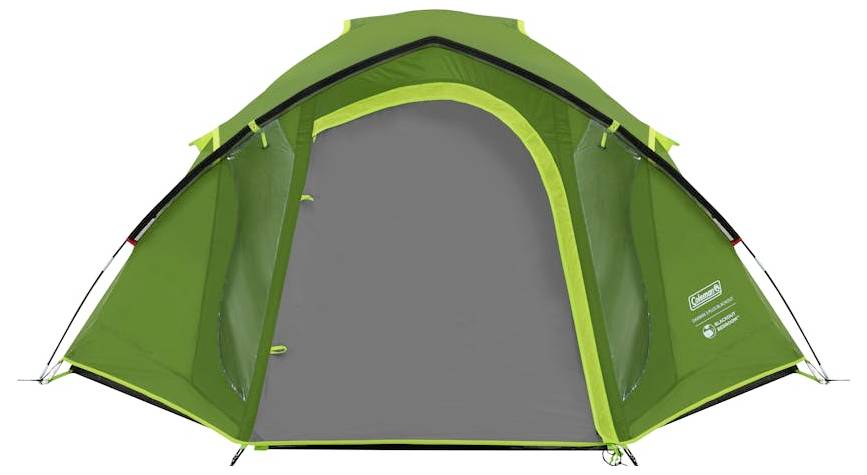 Groene koepelcampingtent met open voordeur, getoond van voren op een witte achtergrond.