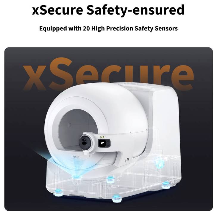 xSecure medische scanner met 20 veiligheidssensoren, weergegeven op een donkere advertentie met de tekst 'xSecure Safety-ensured' en 'Uitgerust met 20 Hochprecisie Veiligheidssensoren'.