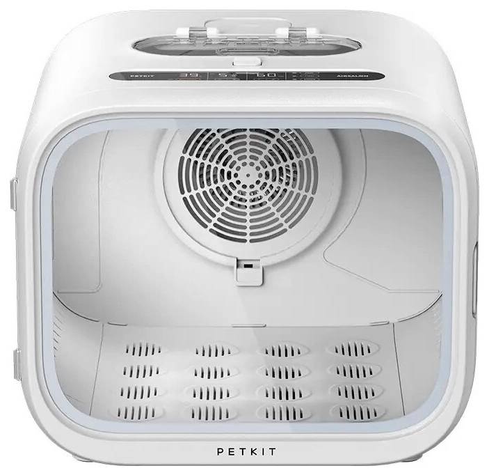 Witte Petkit automatisch kattenbak met open voorkant en ronde ventilatiefan in het interieur