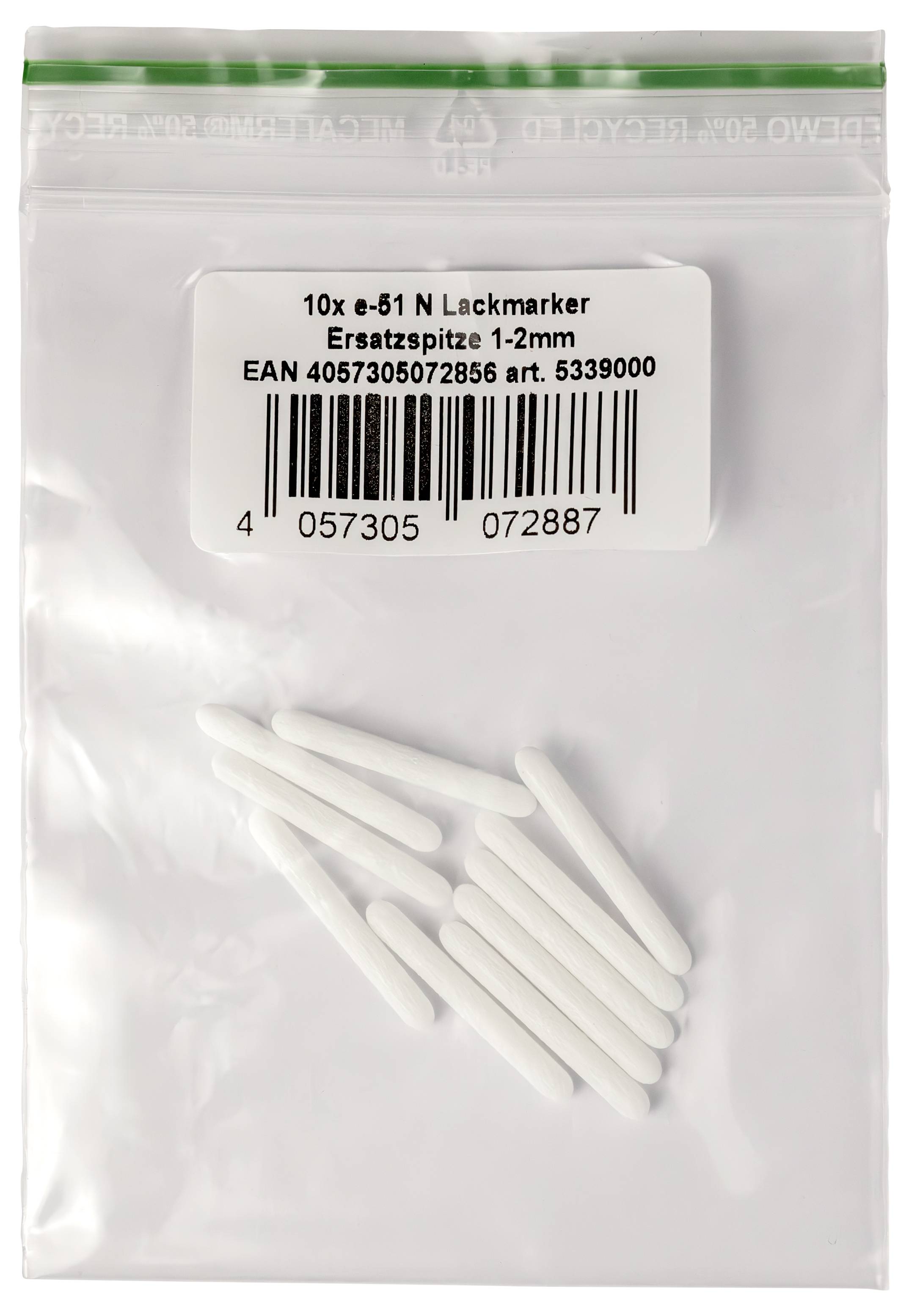 Doorzichtig ritssluitzakje met verschillende witte vervangingspunten voor markers, gelabeld '10x e-49 N Lackmarker Ersatzspitze 1-2mm' met barcode.
