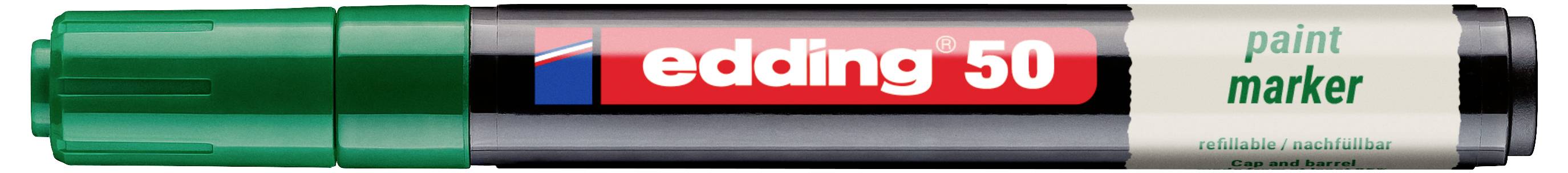 Groene Edding 50 verfmarkeerstift met een zwart-rood etiket en een grijze dop aan de rechterkant.
