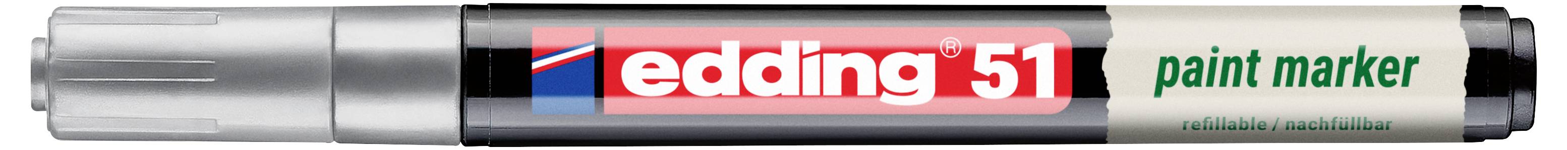 Zilveren Edding 51 verfmarker met zwart, rood en groen etiket, horizontaal weergegeven op een witte achtergrond.