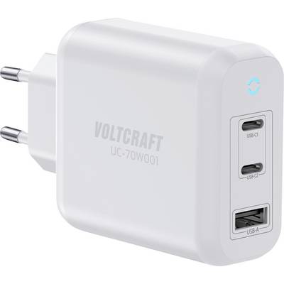 Witte VOLTCRAFT UC-70W001 wandlader met EU-stekker en drie USB-poorten: USB-C1, USB-C2 en USB-A.