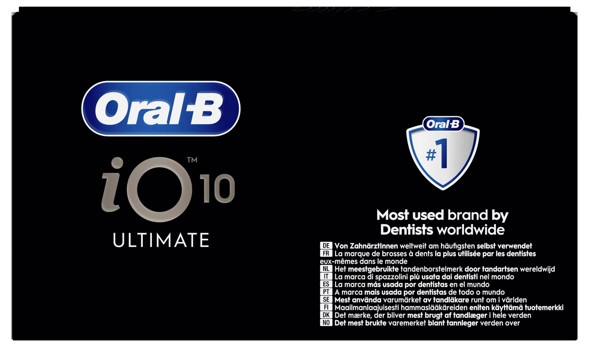Oral-B iO 10 Ultimate logo op een zwarte achtergrond met een '#1' schild en tekst die beweert 'Meest gebruikte merk door tandartsen wereldwijd.'