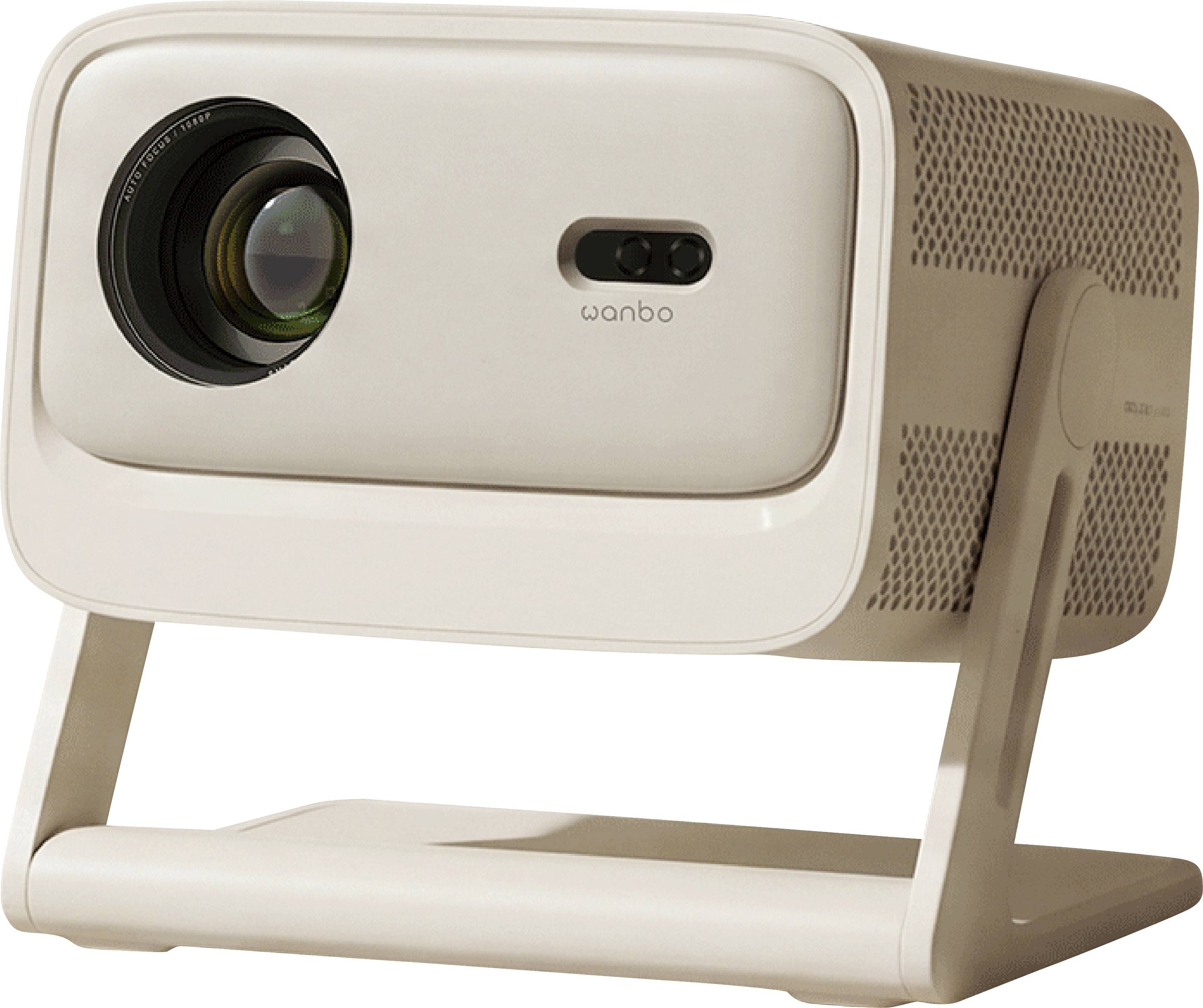 Beige Wanbo-projector op een standaard, onder hoek naar links weergegeven met zichtbare lens en bedieningsknoppen.