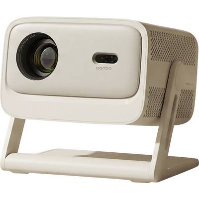 Beige Wanbo-projector op een standaard, onder hoek naar links weergegeven met zichtbare lens en bedieningsknoppen.