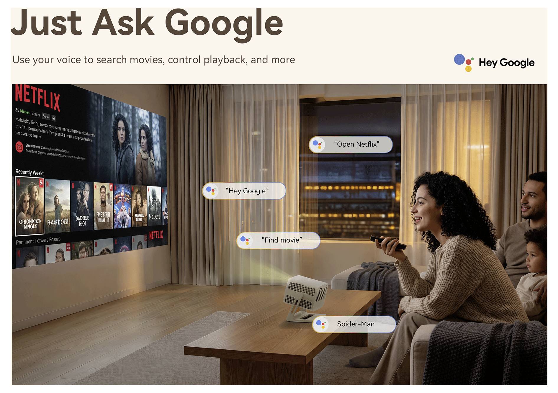 Promotieafbeelding voor Hey Google met een gezin dat spraakcommando's gebruikt om Netflix op een TV te bedienen, met aanduidingen zoals 'Hey Google', 'Open Netflix' en 'Find movie'.