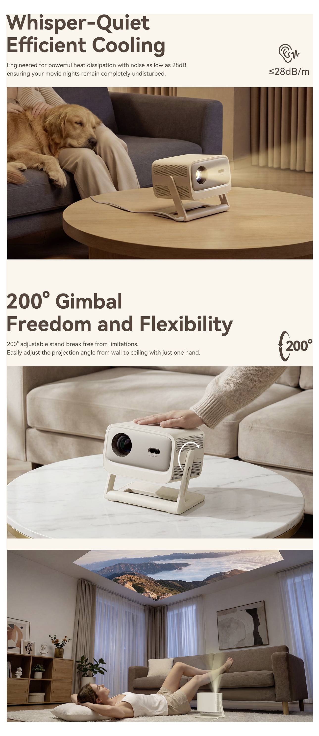 Promotionele poster voor een projector met 'Fluistersstil Efficiënte Koeling' en '200° Gimbal Vrijheid en Flexibiliteit' met een witte projector in woonkamertaferelen.