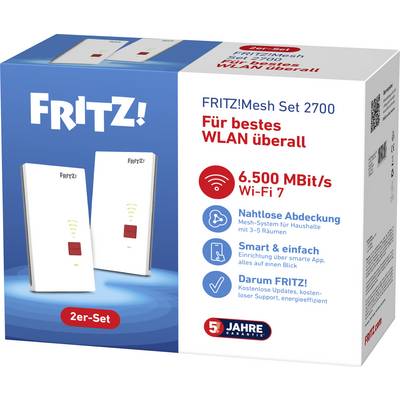 FRITZ!Mesh Set 2700 met twee witte mesh-apparaten, adverteert '6.500 MBit/s Wi-Fi 7', naadloze dekking voor het hele huis, en '5 Jahre Garantie'.
