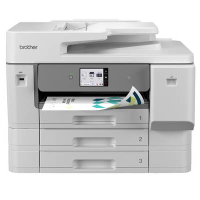 Witte Brother multifunctionele printer met touchscreen, uitvoerlade en drie papierladen, die een document afdrukt