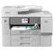 Witte Brother multifunctionele printer met touchscreen, uitvoerlade en drie papierladen, die een document afdrukt