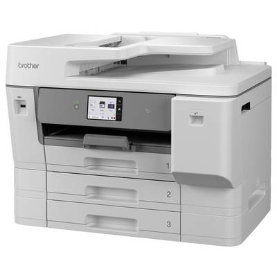 Witte Brother multifunctionele printer met touchscreen en drie papierladen, weergegeven in vooraanzicht.