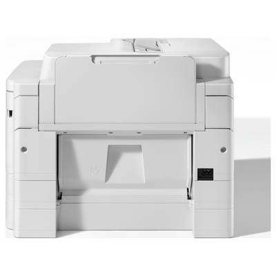 Vooraanzicht van een witte multifunctionele printer met open papierladen, weergegeven op een effen achtergrond.