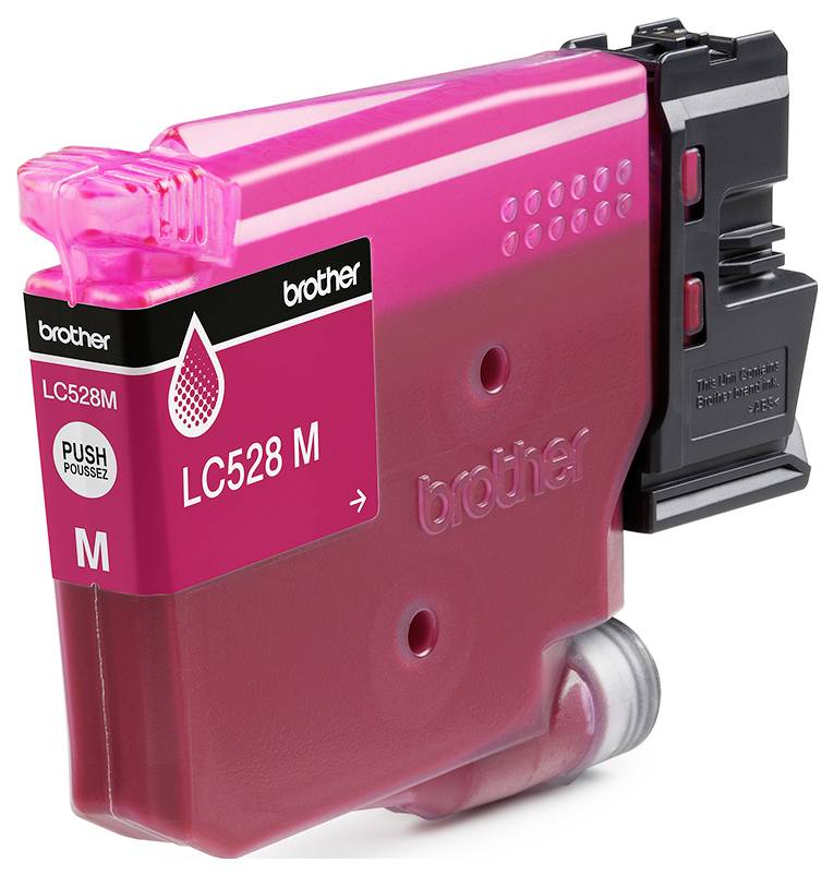 Roze Brother LC528M magenta inktcartridge met zwart printkop, weergegeven geïsoleerd op witte achtergrond.