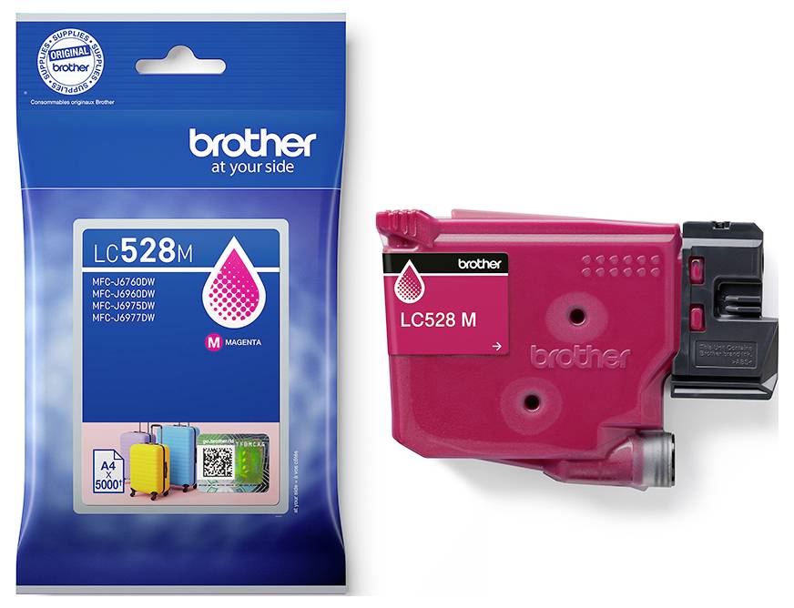 Brother LC528M magenta inktcartridge weergegeven in verpakking naast de cartridge zelf.