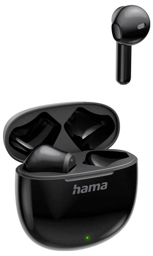 Zwarte draadloze oordopjes en oplaadkast, één oordopje zweeft erboven, met 'hama'-logo en groene indicatorlampje.