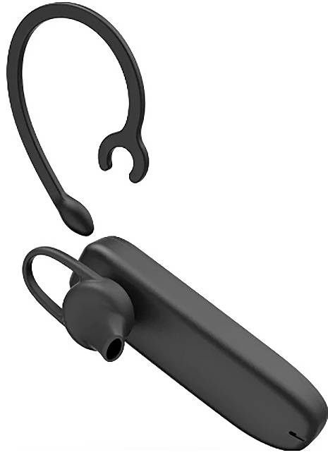 Zwarte draadloze oordop met een over-ear haak, weergegeven naast het afneembare oorhaak-accessoire op een witte achtergrond.
