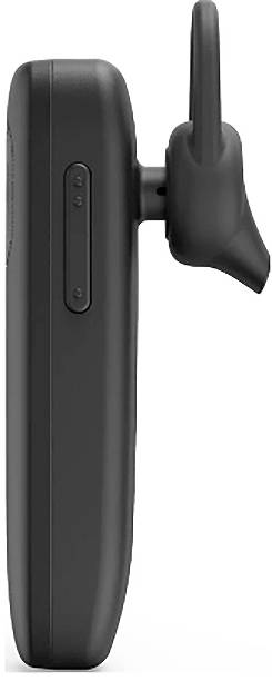 Zijaanzicht van een zwart handheld apparaat met een verticale antenne en zijknoppen, waarschijnlijk een walkie-talkie of draadloze communicator.