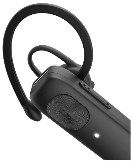 Zwarte draadloze nekband-stijl hoofdtelefoon met over-ear-beugel, speakergaas en klein statuslampje op een witte achtergrond