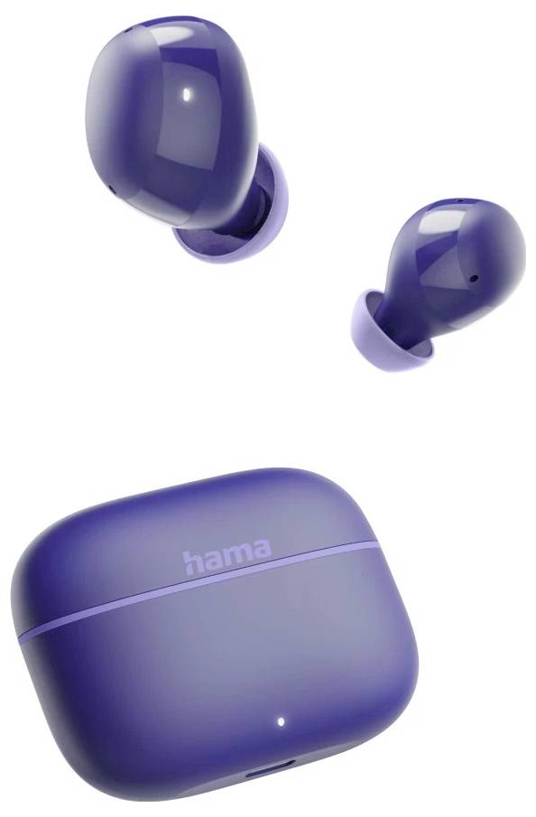 Blauwe Hama draadloze oordopjes met bijpassende oplaadcase op een witte achtergrond.