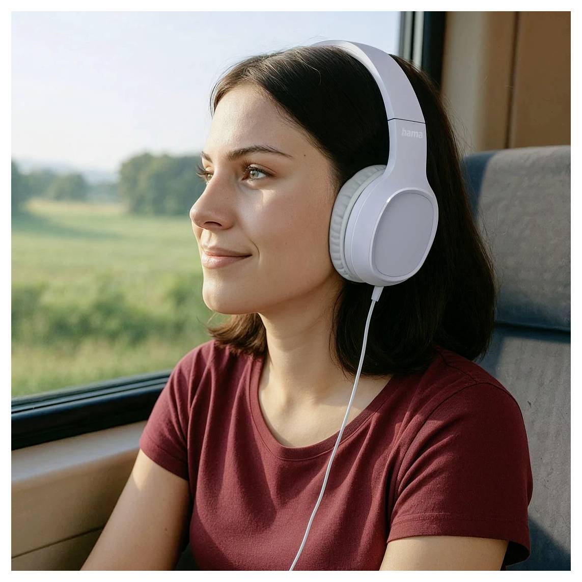 Jonge vrouw met witte koptelefoon luistert naar muziek terwijl ze bij een treinraam zit en naar het landschap buiten kijkt.