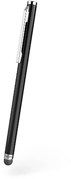 Zwarte stylus pen met zilveren clip en punt, rechtopstaand weergegeven op een effen witte achtergrond.