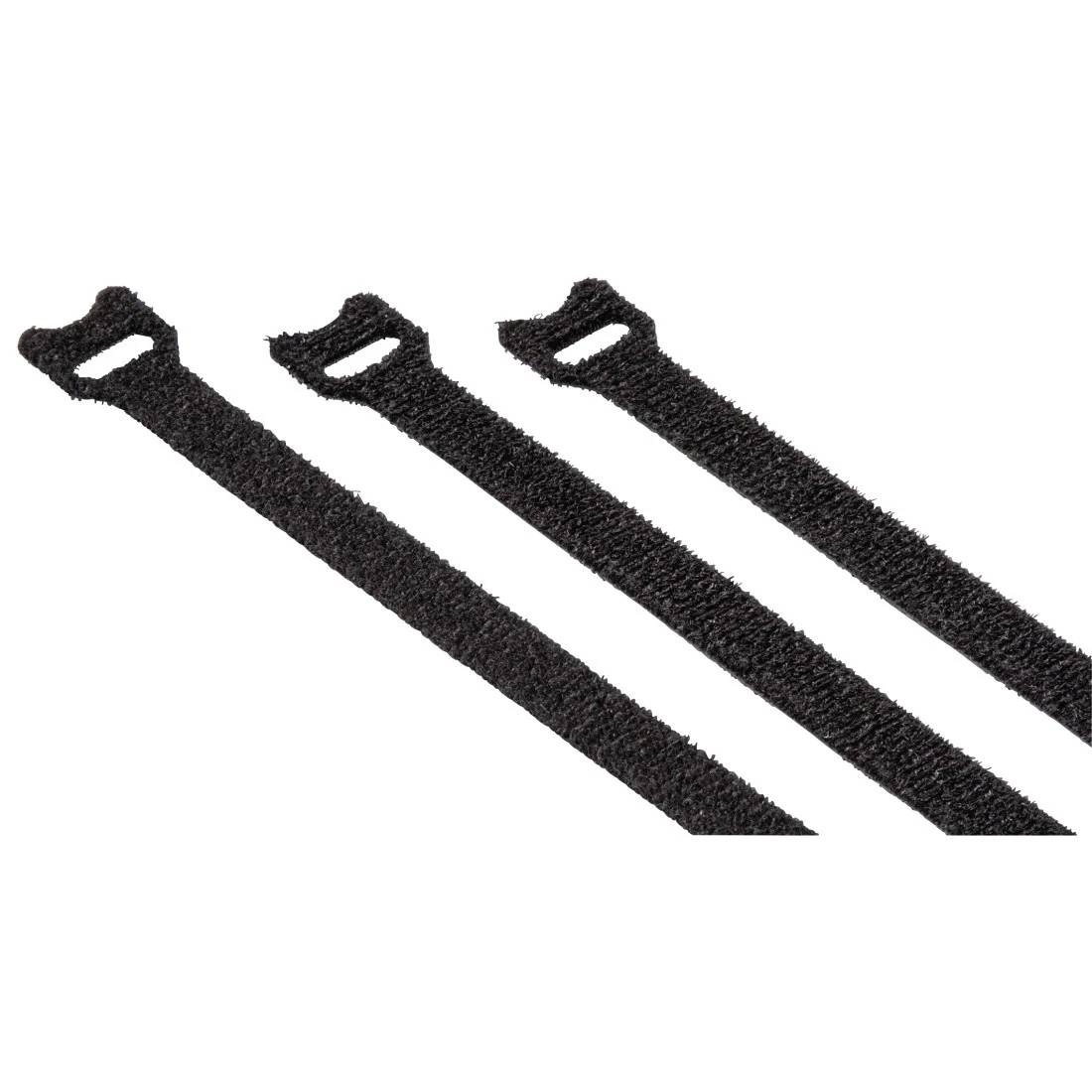Drie zwarte klittenband-kabelbinders met luskanten, diagonaal gerangschikt op een witte achtergrond.