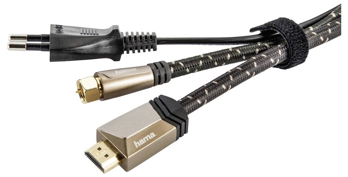 Drie gevlochten audio-videokabels met connectoren: HDMI, coaxiaal en twee-pins stekker.