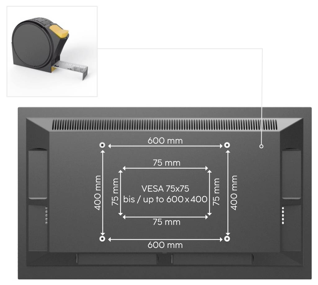 TV-montageplaatje achterplaat diagram met VESA 75x75 tot 600x400 gatpatronen, met 600 mm bij 400 mm afmetingen en 75 mm onderlinge afstand.