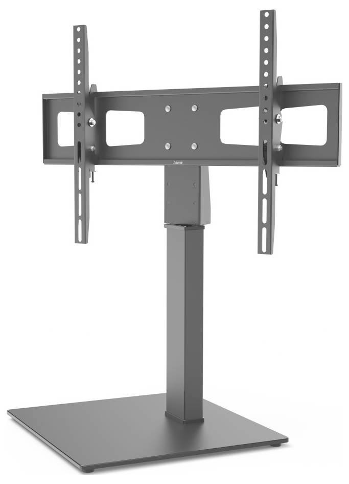 Grijze verstelbare TV-standaard met platte basis en verticale paal met een vlakscherm-beugel voor displaysteun.