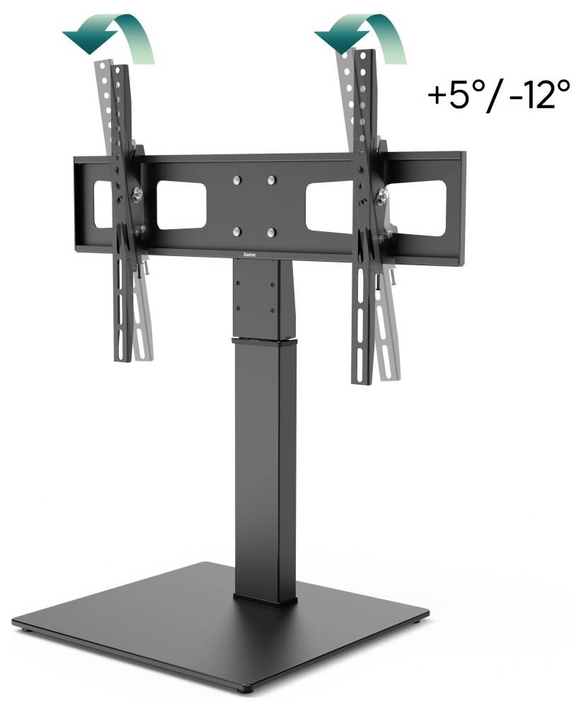 Verstelbare TV-standaard met kantelbare beugel, met een kantelbereik van +5°/-12° op een zwarte voetsteun.
