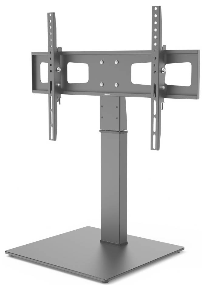 Grijze tv-standaard met vlakke basis, centrale kolom en verstelbare montagebeugels voor het vasthouden van een flatscreen-televisie.