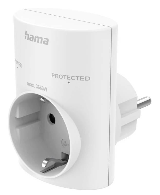 Witte Hama stekkeradapter met één Schuko-stopcontact, gelabeld met 'PROTECTED' en 'max. 3680W' op een witte achtergrond.