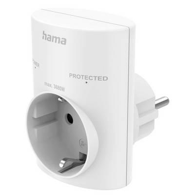 Witte Hama stekkeradapter met één Schuko-stopcontact, gelabeld met 'PROTECTED' en 'max. 3680W' op een witte achtergrond.