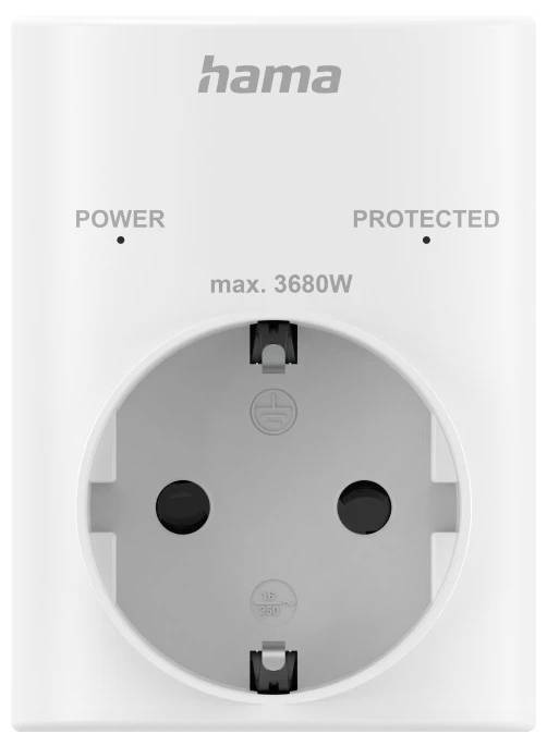 Witte Hama insteekbare voedingsadapter/overspanningsbeveiliging met één stopcontact, gelabeld 'POWER', 'PROTECTED', en 'max. 3680W'.