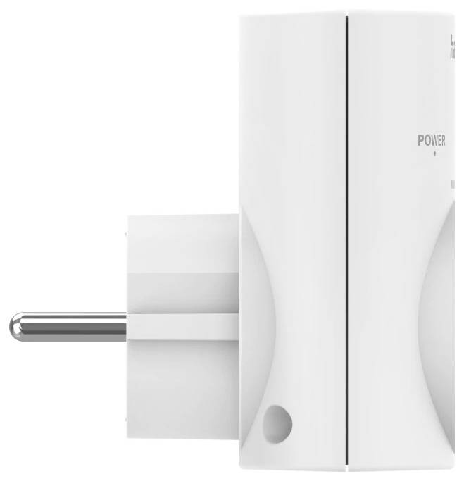 Wit aan de muur bevestigd insteekapparaat met stroomindicator, getoond in productstijlweergave tegen een effen achtergrond.