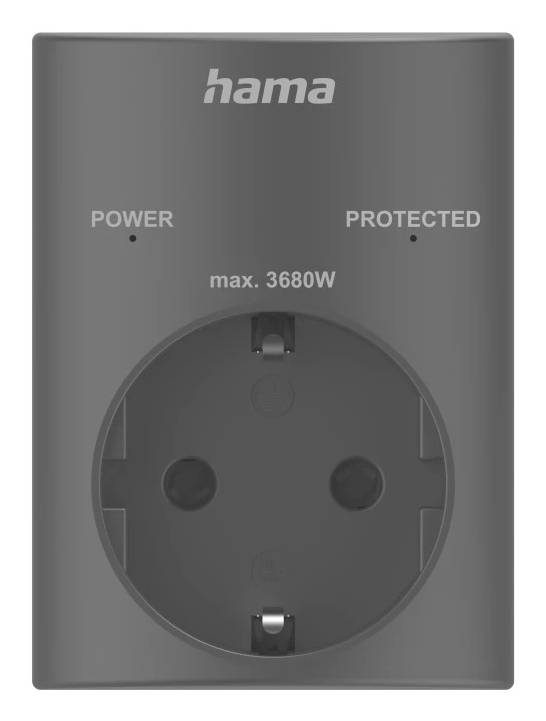 Grijze Hama elektische contactdoos adapter met vermogen- en beveiligde indicatorlampen, gelabeld max. 3680W.