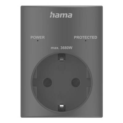 Grijze Hama elektische contactdoos adapter met vermogen- en beveiligde indicatorlampen, gelabeld max. 3680W.