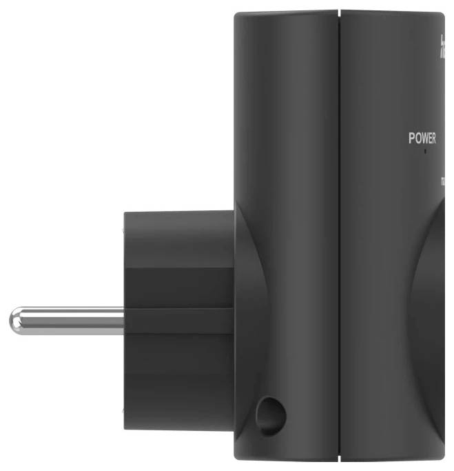 Zwarte insteekstroom-adapter weergegeven in vooraanzicht met Europese tweepolige stekker en label 'POWER'.