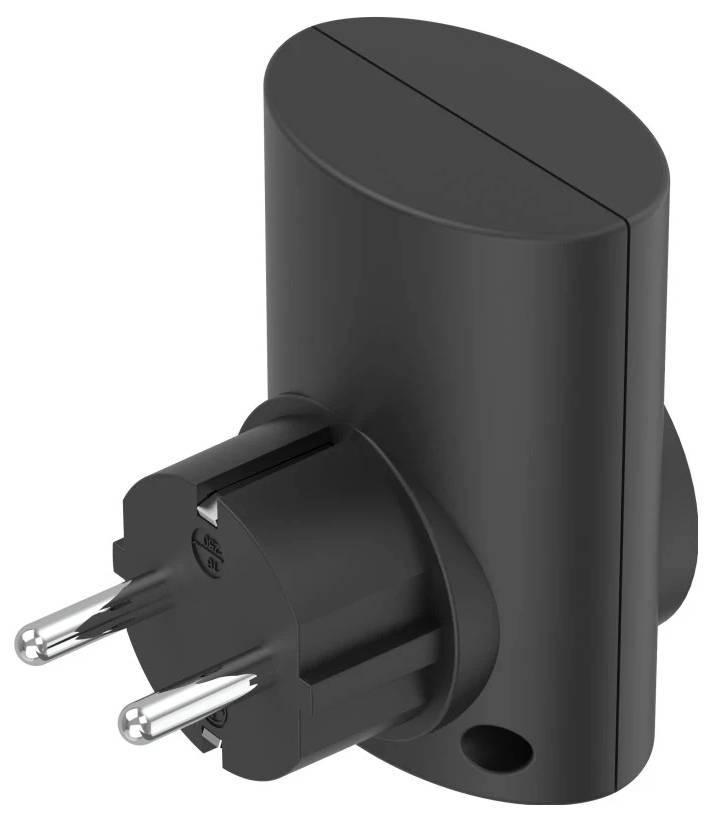 Zwarte elektrische stekkeradapter met twee ronde metalen pinnen op een witte achtergrond.