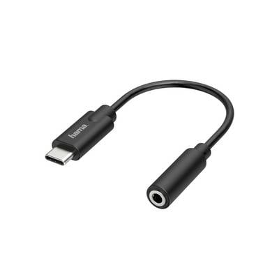 Zwarte USB-C naar 3,5 mm audio-adapterkabel met mannelijke USB-C-stekker en vrouwelijke koptelefoonaansluitingconnector.