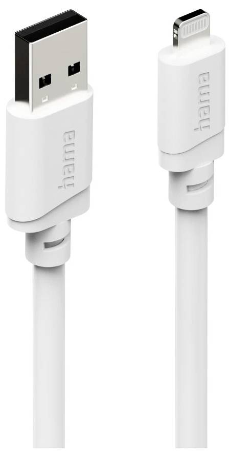 Witte oplaadkabel met een USB-A-aansluiting aan het ene uiteinde en een Lightning-aansluiting aan het andere uiteinde, weergegeven naast elkaar.