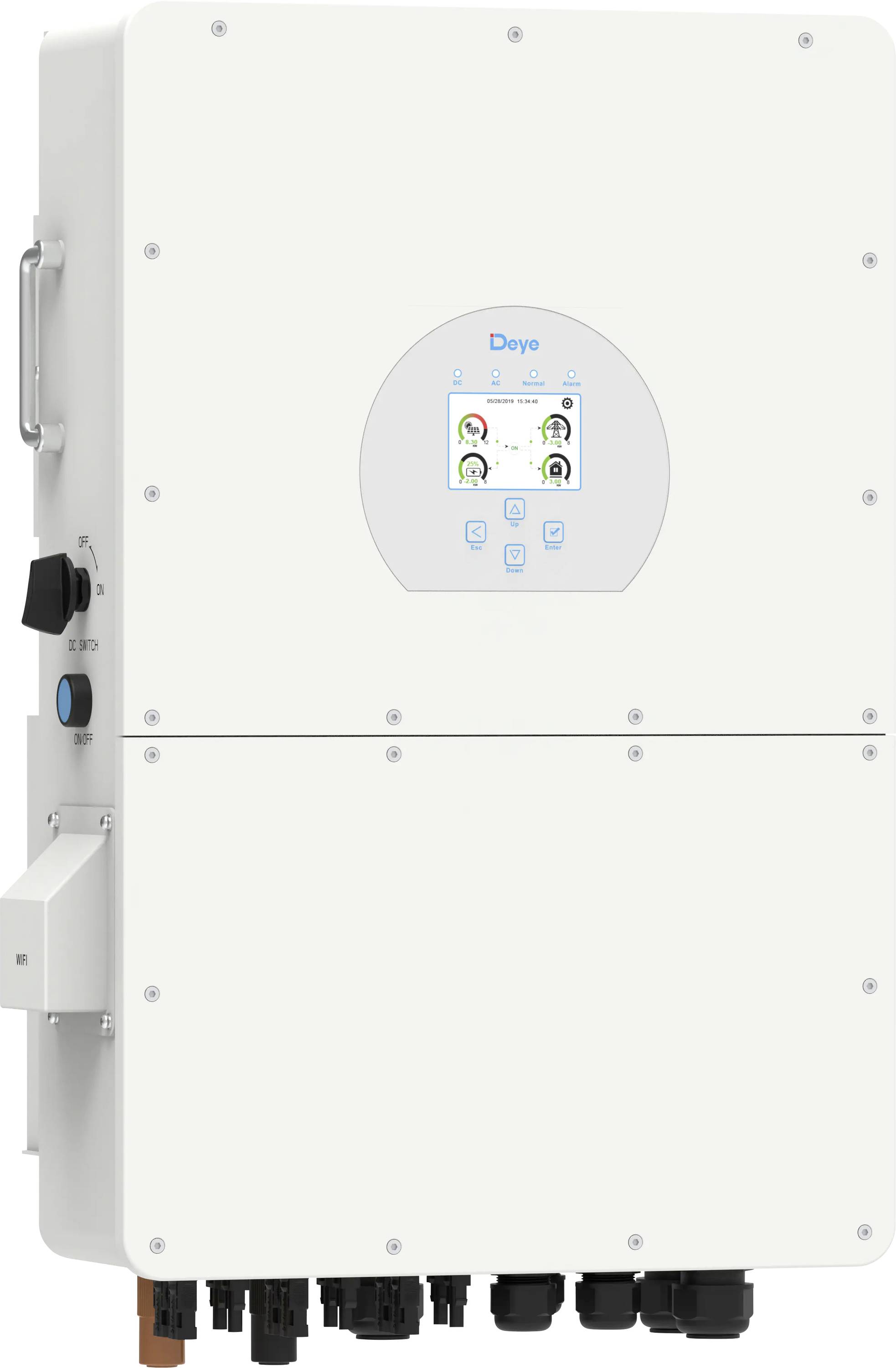Witte Deye aan de muur gemonteerde elektrische inverter met een klein centraal display en meerdere kabelconnectoren langs de onderkant.