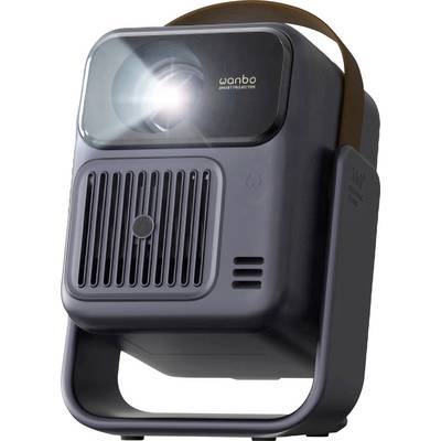 Draagbare projector met gloeiende lens en draaggreep, weergegeven in vooraanzicht op een witte achtergrond