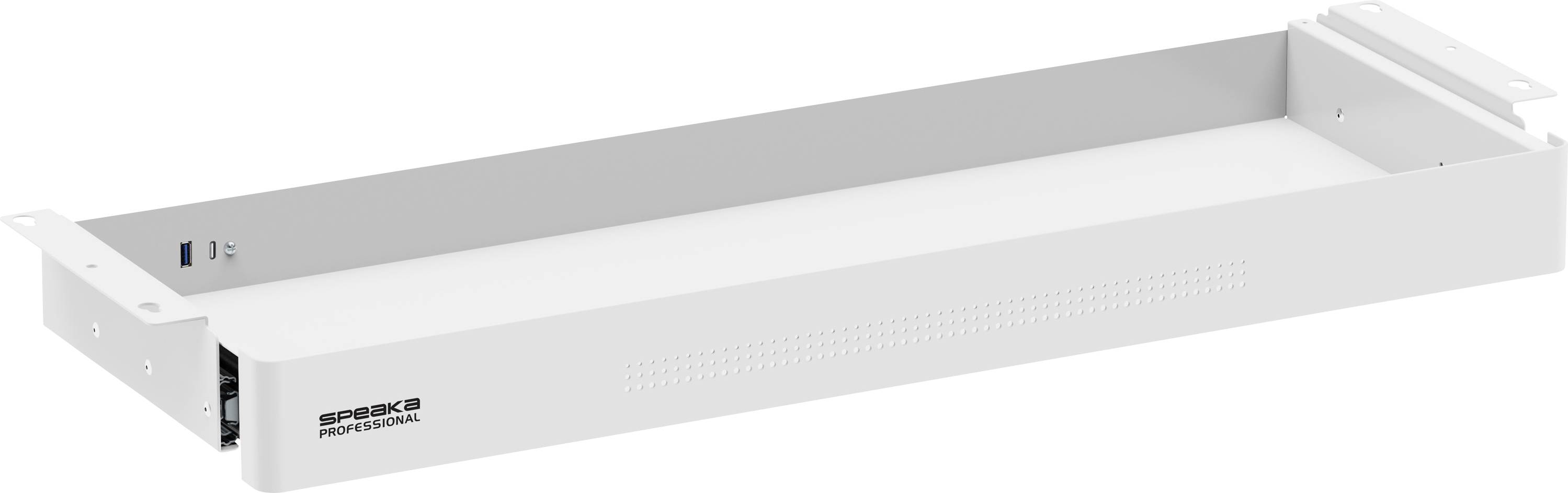 Witte in-rack gemonteerde audioversterker of mengpaneel weergegeven in perspectief, met ventilatieopeningen aan de voorkant en kleine bedieningsknopen aan de linkerkant, op een effen witte achtergrond